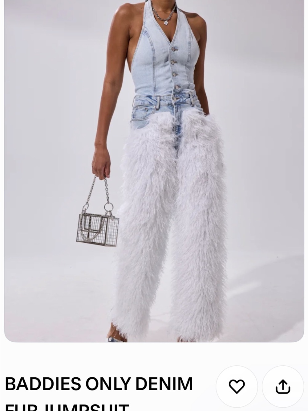 AKIRA Light Blue Denim Halter Jumpsuit with White Faux Fur Pants
